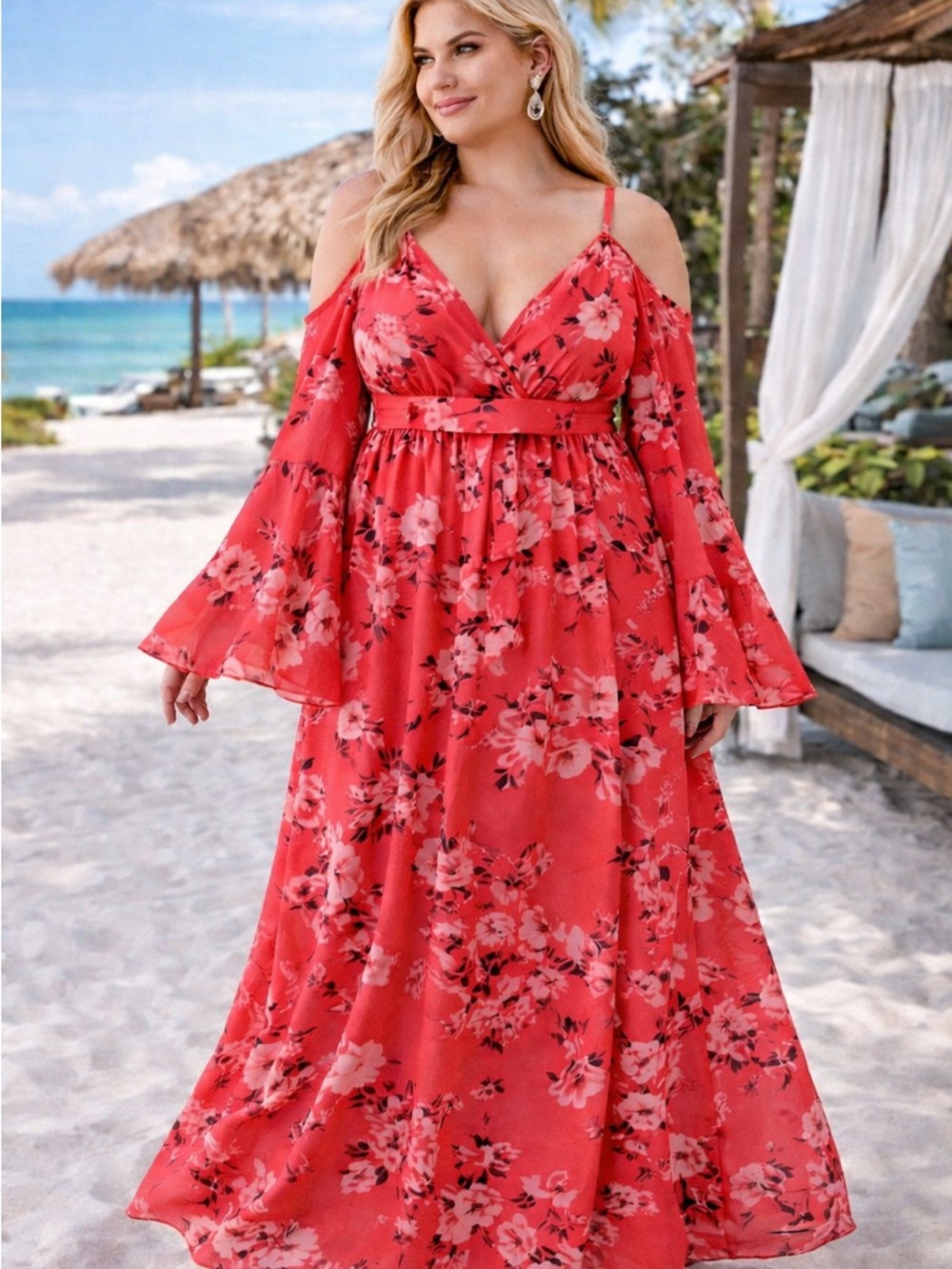 Order Plus vacation maxi dress coral floral flowy cold shoulder XL is a beauty!